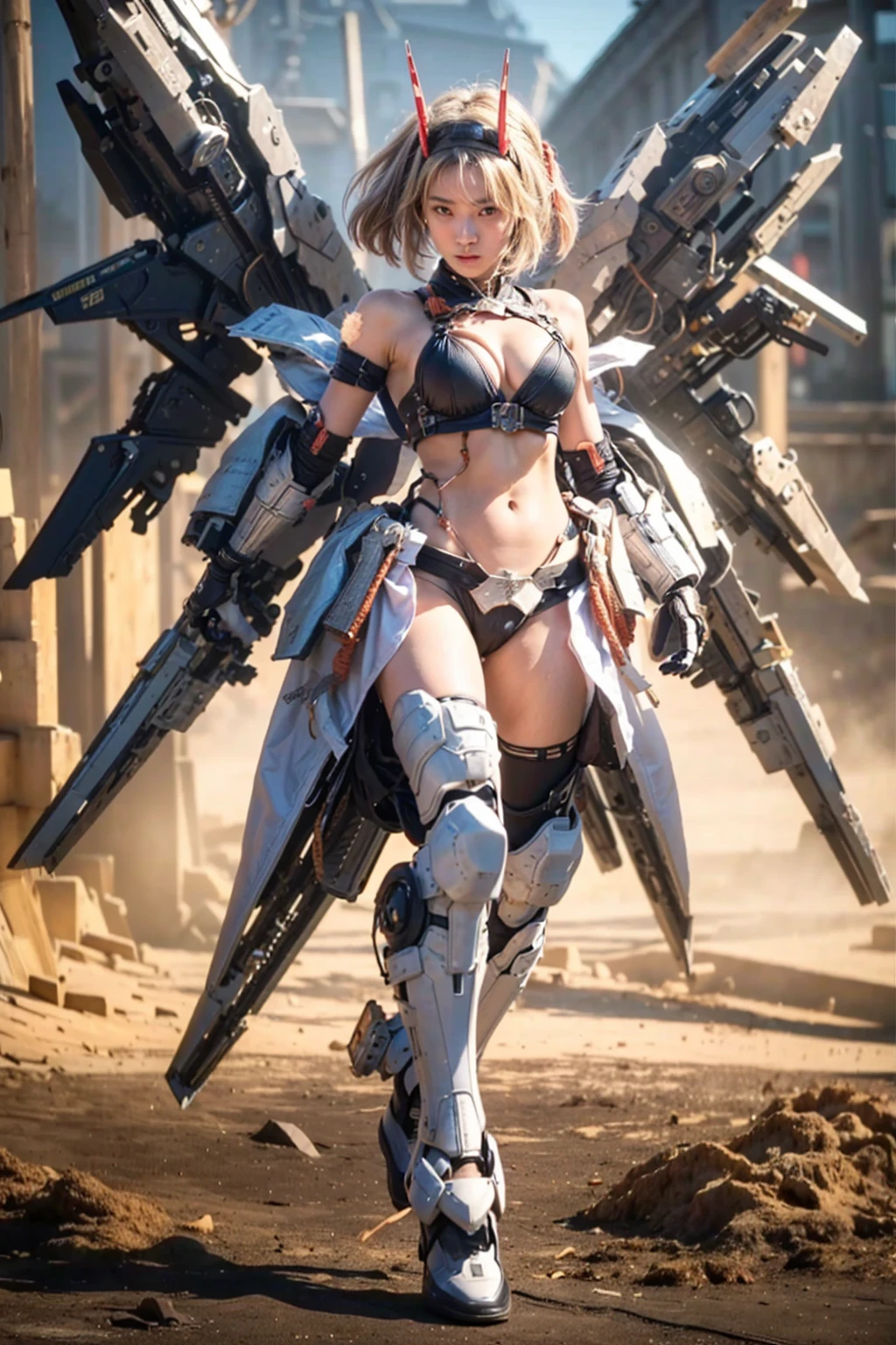 8k,Realistic Photo, Realistic Skin Texture, Superrealism, (Warring States period of Japanese history, approx like mechanical :1.2), burnt field、arquebus,vivid textures,legs, gradation hair, japanese female soldier,(ultra beautiful face),((super realistic all textures)), ((super intricate all details)), full body shot, ultra sharp photo result, metallic color, scratch, Rust, weathering, steampunk, taken with Fuji film X-T30+Nokton. HDR10,Minimum of 4 pieces created