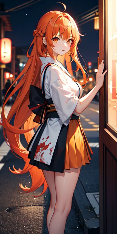1 girl, Japanese clothes, Beautiful long hair ,orange hair, orange eyes, magic circle, blue light, เปลวblue light, Wallpaper, terrain, blood, blood splatter, depth of field, nighttime, light particles, light rays, On the side of the road, thigh, fortune \(set\), Genshin Effects, ****, open jacket, skirt, thighสูง, cloud