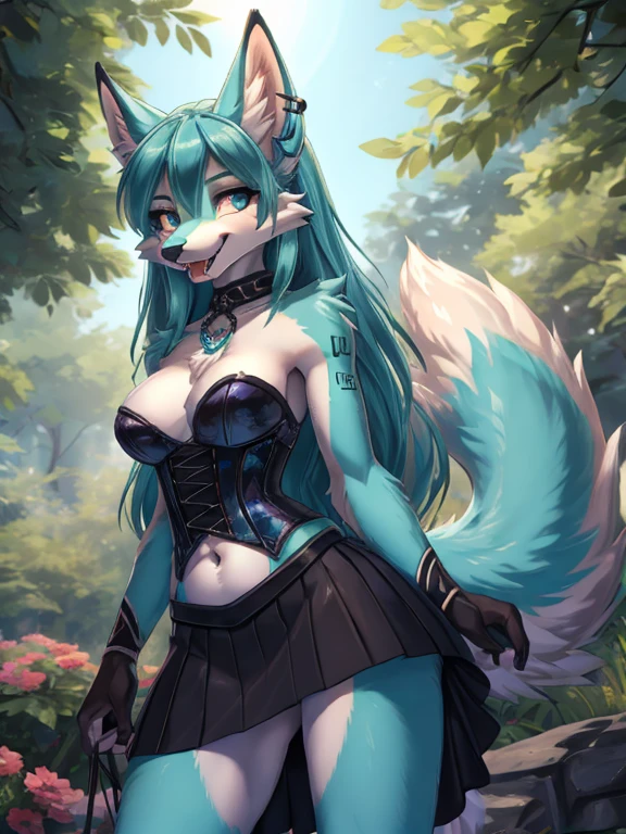 Chica anime, anime style, cute hatsune miku x suicune, shy girl , Orejas de Kitsune, arte de dark natasha, garden landscape, arte de vixen aztra, cuerpo completo, platas hermosas, cintura delgado, caderas amplias, piernas torneadas, hermosa, foto de cuerpo completo, navel corset, black skirt, navel piercing, ear piercing, navel tattoo, timid pose, back pose, doggy style back pose, fluffly tail, sensual eyes, long hair, droling tonge, wolf fangs, very big open fangs, pleasure face