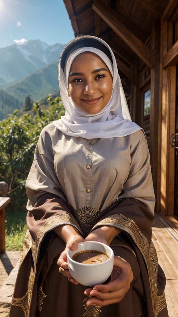 A Sholehah Muslim woman with a radiant face, surrounded by beautiful natural views in the mountains. In his hand, he held a cup of warm coffee while smiling gently, depicting his gratitude for the blessings given by Allah. The soft morning sunlight shines through, creating an aura of peace and happiness in this moment of gratitude. very real, high resolution, 8k resolution, intricate details. Real facial details, enchanting