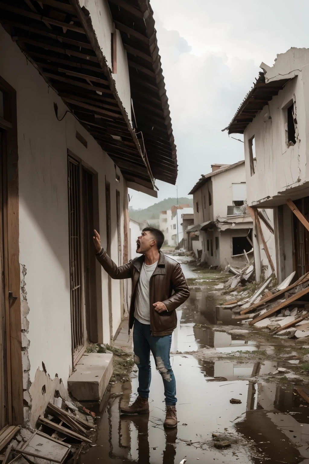 man shouting at his mother in a destroyed village