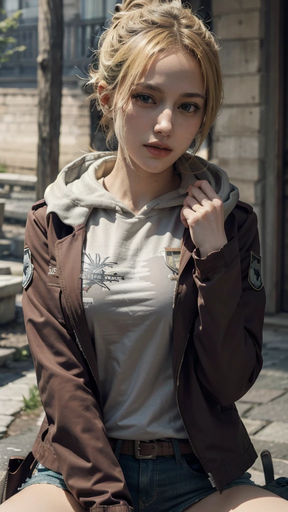 (bestquality,masterpiece), AnnieAOT, solo, hood, hoodie, paradis_military_uniform, jacket, uniform, emblem, feathers, upper body, thigh, hands