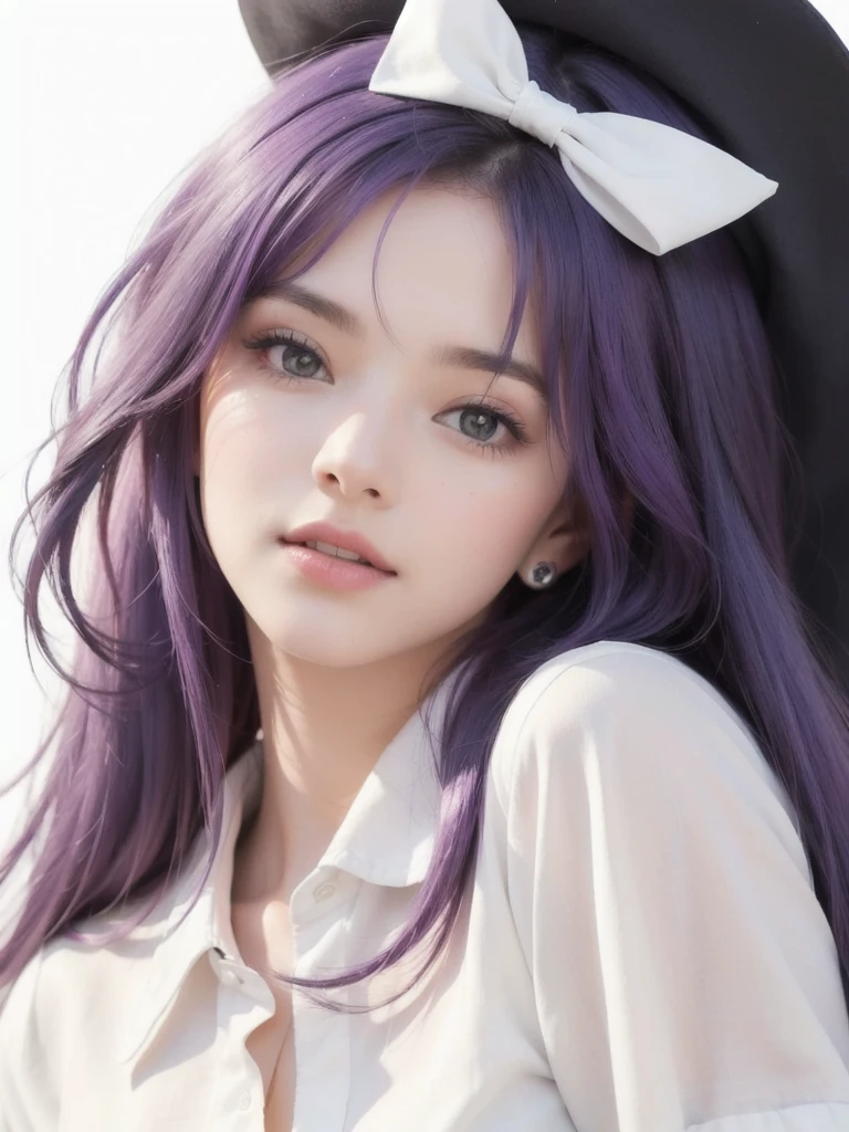 cute girl with purple hair and a white shirt and a black hat, beautiful portrait, detailed portrait of girl, realistic 4k 