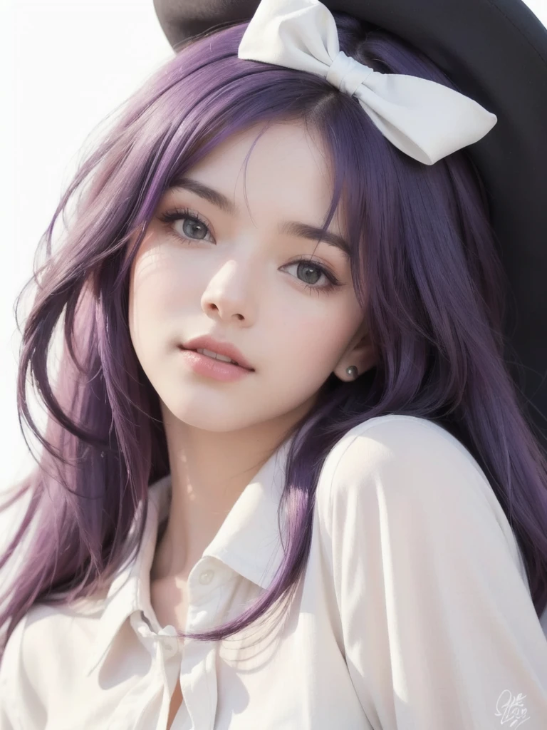 cute girl with purple hair and a white shirt and a black hat, beautiful portrait, detailed portrait of girl, realistic 4k