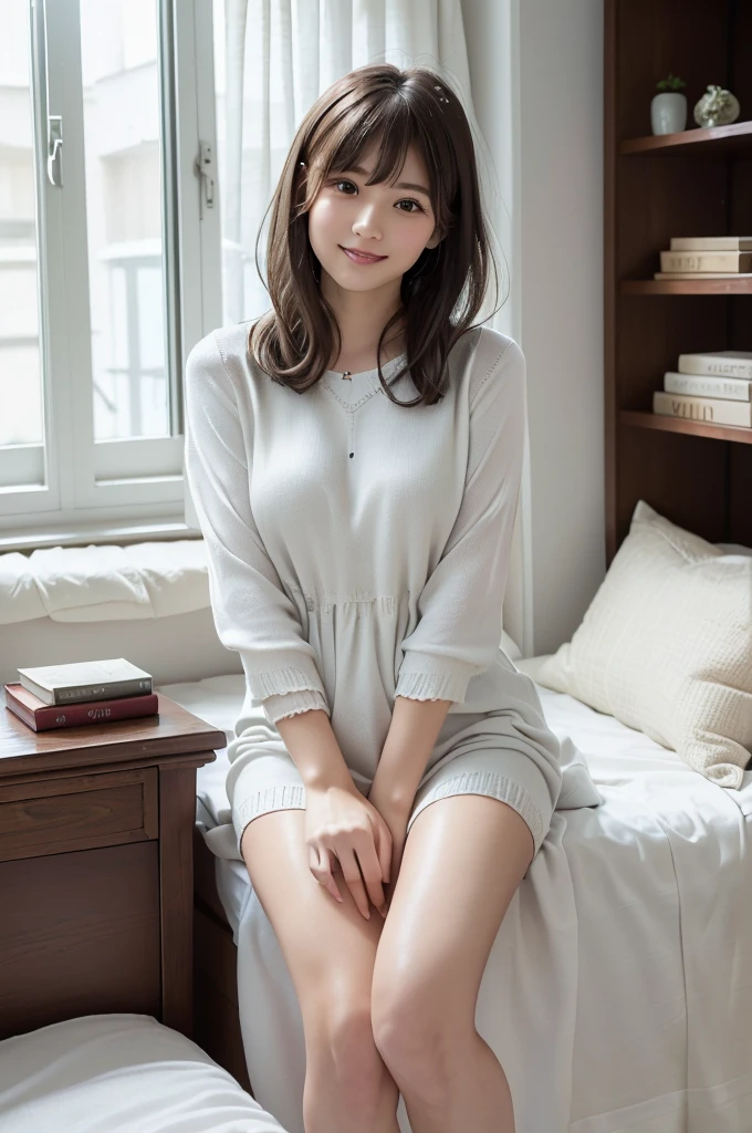 (Highest quality、masterpiece:1.9)、((Neat and clean female college student、1 person))、Soft lighting by a professional photographer、Natural light、((Very spacious white luxurious room:1.6))、((Bright white room:1.6))、(Sitting on a very luxurious white bed:1.2)、(White Bookcase:1.1)、Natural soft light、((Brown Hair:1.1))、Fair skin、Detailed Eyes、double eyelid、Slightly puffy cheeks、((Small Face:1.0))、((Grey knit dress、Please wear it with the chest open.:1.1))、Live-action image quality、(I don't make bangs:1.8)、F cup big breasts、Grey mini skirt、Please wear it with the chest open.:1.2、(smile)、((Girly pose 1.8))、High resolution,、((Long hair without bangs:1.2))、((Full Body Shot:1.2))、Live-action image quality、((Height: 150cm))、Hands in front、Hide your hands between your legs、Show your forehead、