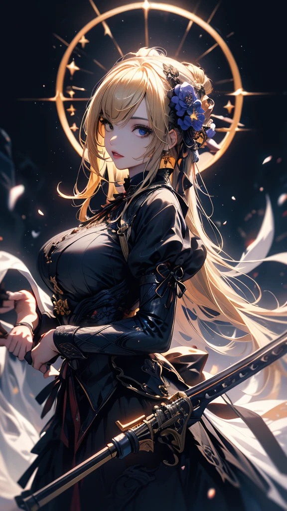 masterpiece, high quality, 4K, Beautiful design, silhouette，blonde， 非常に詳細な夜のStarry Sky,Flower Field， wonderful, Finer details,  Very knowledgeable woman, Highly detailed solo, 1 female,Big Breasts，Gothic Lolita Fashion，Firearms equipment，Night view，Starry Sky，full moon，