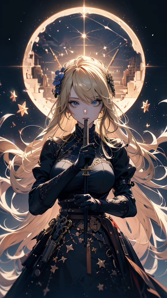 masterpiece, high quality, 4K, Beautiful design, silhouette,blonde, 非常に詳細な夜のStarry Sky,Flower Field, wonderful, Finer details, Very knowledgeable woman, Highly detailed solo, 1 female,Big Breasts,Gothic Lolita Fashion,Firearms equipment,Night view,Starry Sky,full moon,