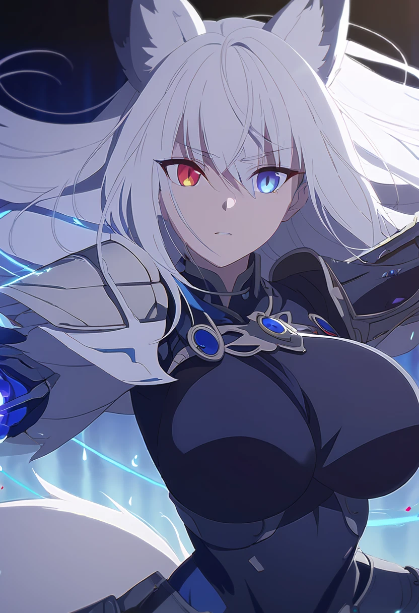 a beautiful blue and black kitsune, big breasts, long white hair, slim waist, detailed portrait, intricate details, dramatic lighting, mystical, elegant, sensual, long white tail, heterochromia(one blue eye,one red eye),wearing armor,attacking pose, eyes,surrounded by blue energy, ((One of the eyes shines brightly))