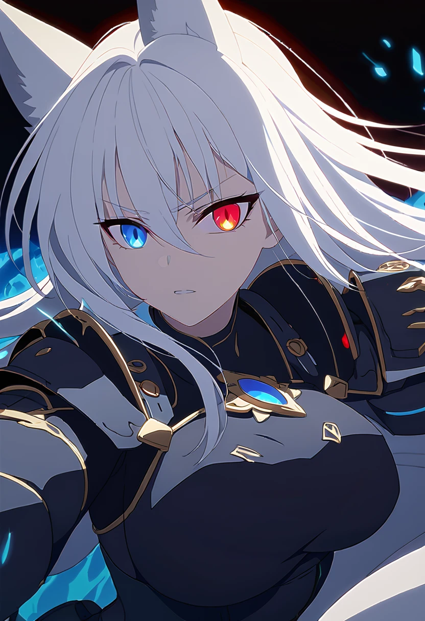 a beautiful blue and black kitsune, big breasts, long white hair, slim waist, detailed portrait, intricate details, dramatic lighting, mystical, elegant, sensual, long white tail, heterochromia(one blue eye,one red eye),wearing armor,attacking pose, eyes,surrounded by blue energy, ((One of the eyes shines brightly))