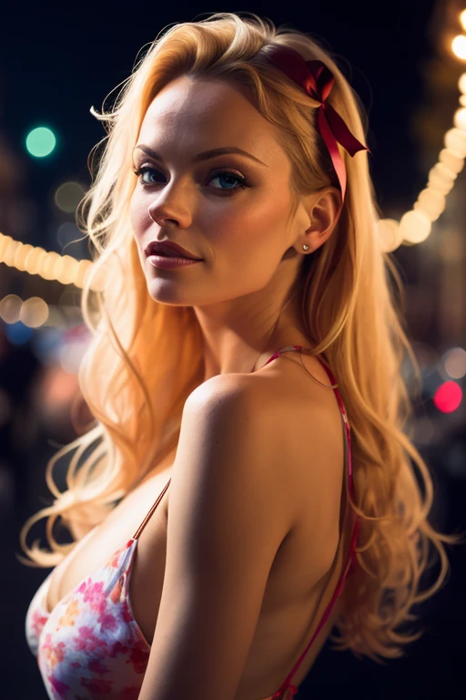 (8k, best quality, masterpiece:1.2),(best quality:1.0), (ultra highres:1.0), pencil colors, Pamela Anderson, shoulder, hair ribbons, by agnes cecile, full body photography, extremely luminous bright design, pastel colors, (ink:1.3), autumn lights