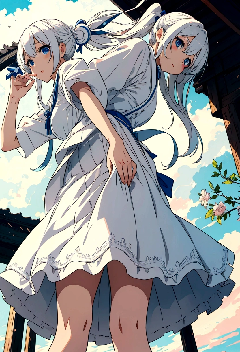 音無響子
Low - Angle、
Low - Angle、Long skirt、Hold down your skirt that is being blown up by the strong wind、Anime white panties in a strong wind、Crotch is visible
ローレグのパンツ、Color: White、
Crotch is visible、
、Lined、White lace lining、
