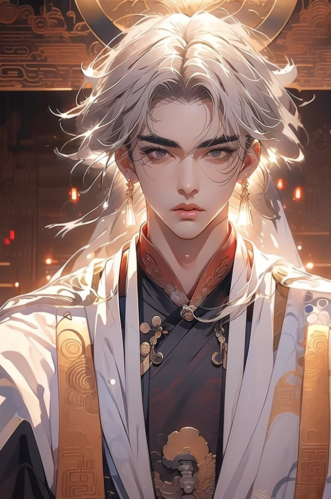 a man in a white robe, young and handsome man, ponytail, waist-length hair, ancient Chinese clothing, qi, a huge saber, ancient Chinese buildings in the background, night, powerful character, purple rays, a beautiful landscape. Detailed face, thick eyebrows, black eyes, 8k, robe embroidered with gold edges, detailed clothing, xianxia, ​​world of cultivation. ((upper body))