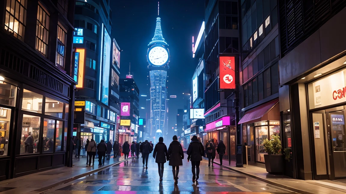 People walking through the city at night with a large clock tower in the background々, In a futuristic cyberpunk city, Futuristic cyberpunk scenario, Highly praised Earth Station and Beeple, Fantasy sci-fi city, sci-fi cyberpunk city street, Bustling Cyberpunk City, 3D rendering beeple, cinematic beeple, cyberpunk city street, Beeple Style