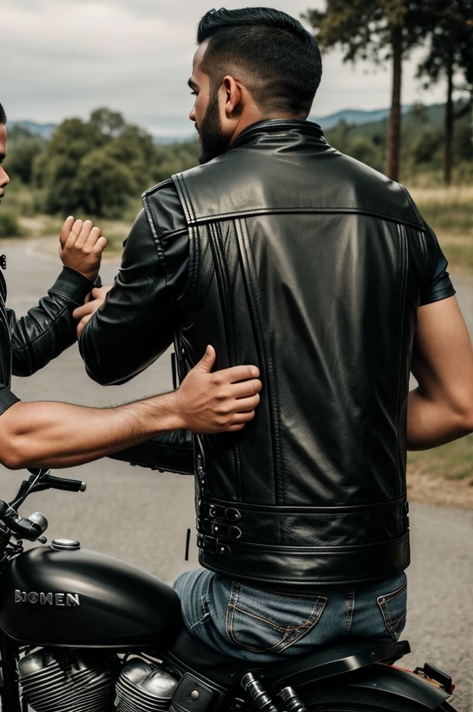 Man from behind showing his black leather biker vest on top of a bobber motorcycle shaking hands with his little son who is also on his back with black leather vest