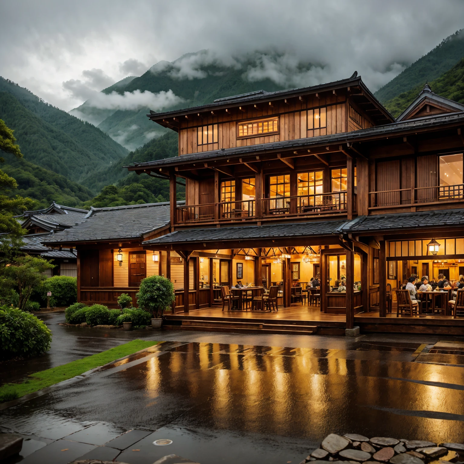 Title: Raindrop Café
Nestled in the heart of a quaint Japanese village, Raindrop Café stands as a cozy refuge amidst the misty, rain-soaked scenery. The café, with its traditional wooden architecture, glows warmly against the backdrop of the rainy season. Delicate cherry blossom petals, carried by the gentle wind, mingle with raindrops as they fall, creating a serene and picturesque atmosphere.
Behind the café, majestic mountains rise, their peaks shrouded in a veil of mist and clouds. The verdant greenery of the mountains contrasts beautifully with the grey, rainy sky, creating a breathtaking view for the café's patrons.
Inside, the soft hum of conversation blends with the gentle patter of rain on the windows. Patrons sit at rustic wooden tables, sipping on steaming cups of tea and enjoying freshly baked pastries. The aroma of coffee and the sound of rain create a peaceful ambiance, making Raindrop Café a perfect haven for those seeking solace and comfort.
As the rain continues to fall, the café becomes a magical sanctuary, where time seems to slow down and the beauty of nature can be fully appreciated.