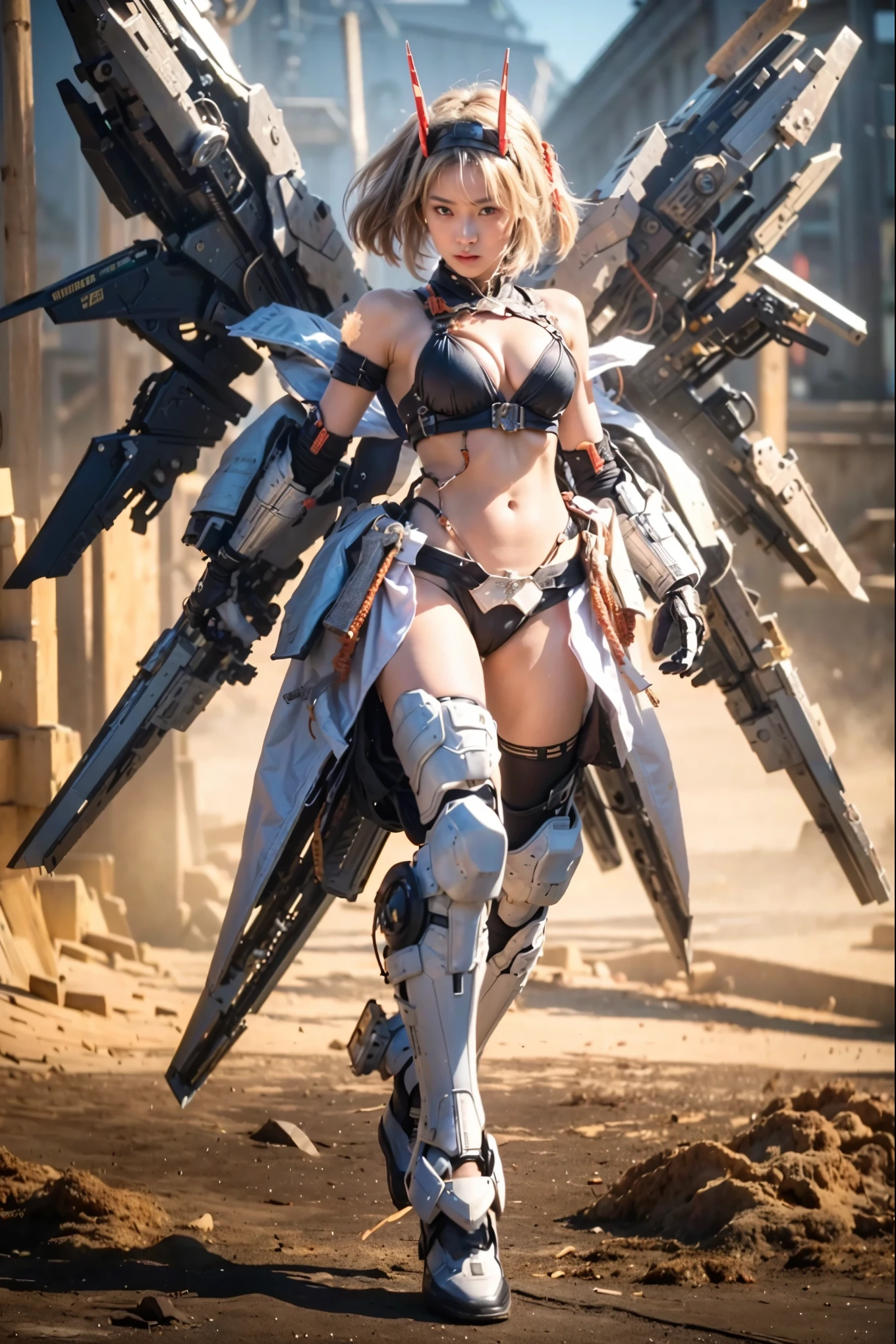 8k,Realistic Photo, Realistic Skin Texture, Superrealism, (Warring States period of Japanese history, approx like mechanical :1.2), burnt field、arquebus,vivid textures,legs, gradation hair, japanese female soldier,(ultra beautiful face),((super realistic all textures)), ((super intricate all details)), full body shot, ultra sharp photo result, metallic color, scratch, Rust, weathering, steampunk, taken with Fuji film X-T30+Nokton. HDR10,Minimum of 4 pieces created