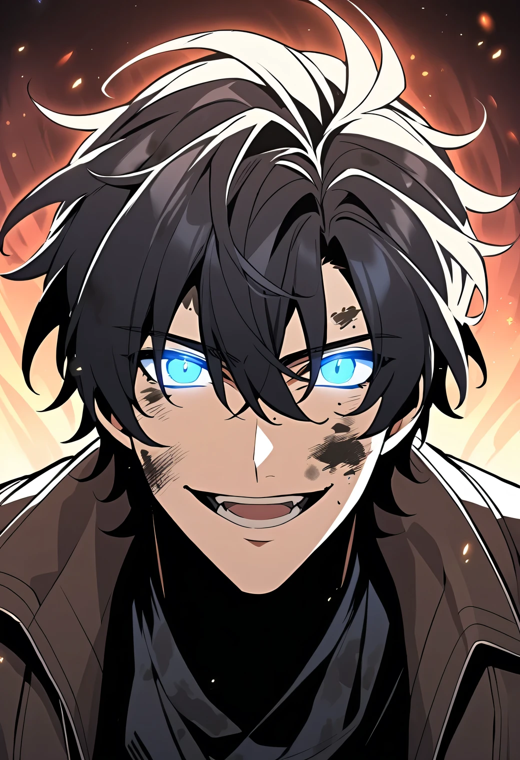 fantasy-style, solo, looking at viewer, smile, open mouth, short hair, blue eyes, shirt, black hair, 1boy, gloves, hair between eyes, jacket, upper body, male focus, teeth, black gloves, black shirt, glowing, messy hair, glowing eyes, dirty, dirty face