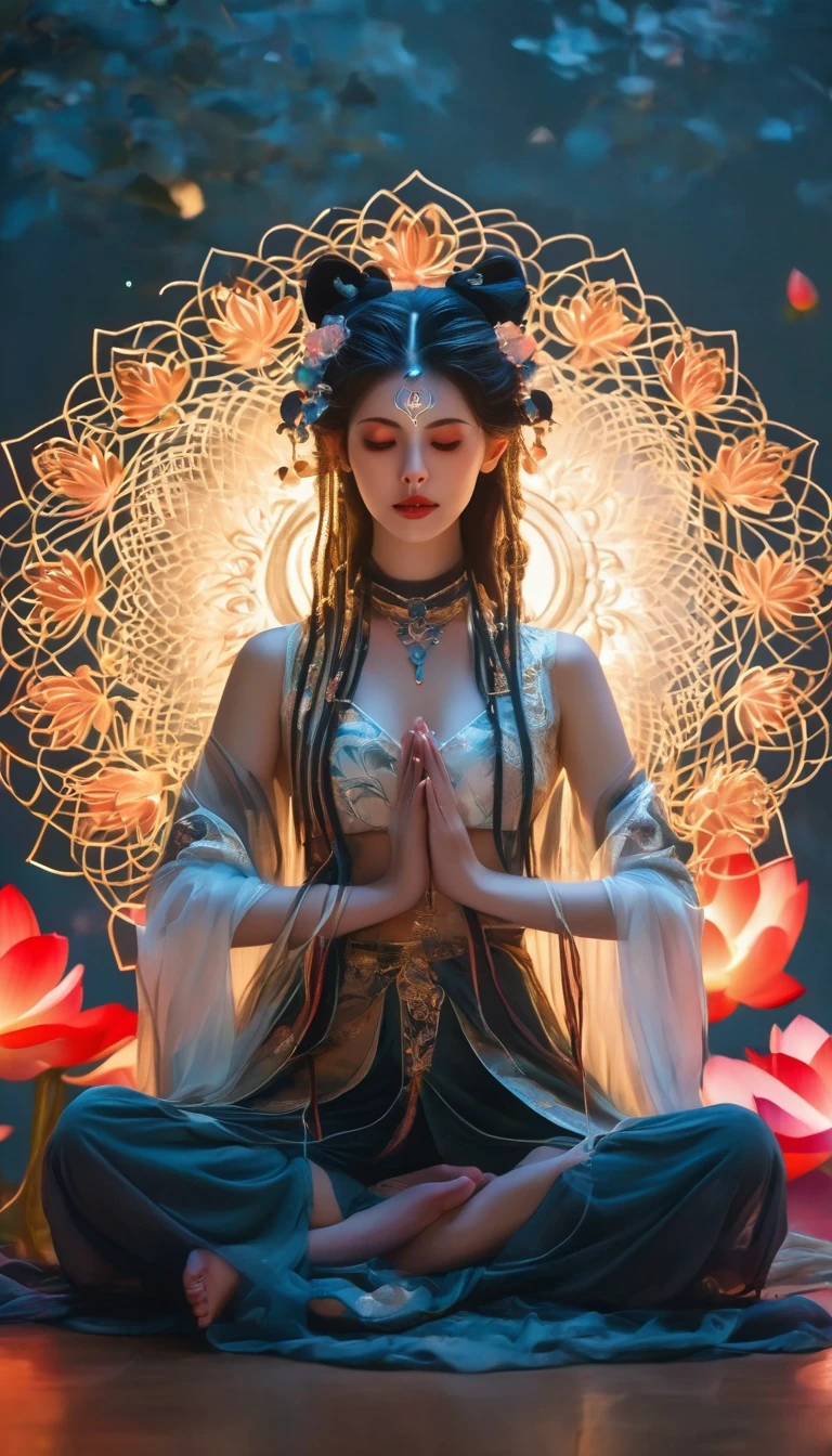 Lotus pose girl full body photography,Raw, Filming, (Clear focus:1.5), (Reality:1.4), Dusk lighting, Volumetric Lighting, Ultra-high resolution,Dramatic Lighting, White background,(tangled,Mandala,dispute,Entanglement), Fox Demon,Fox Mask,short jacket, Foxfire Curse, fox family, Transformation, Depth of Field, Dreamy atmosphere, The most beautiful chaos, grace, Brutalist Design Dark Theme, Flower of Death, Flowers of ecstasy,Glowing Line,Glow Example,Tracking Example,flash, Backlight,translucent,Light Particles