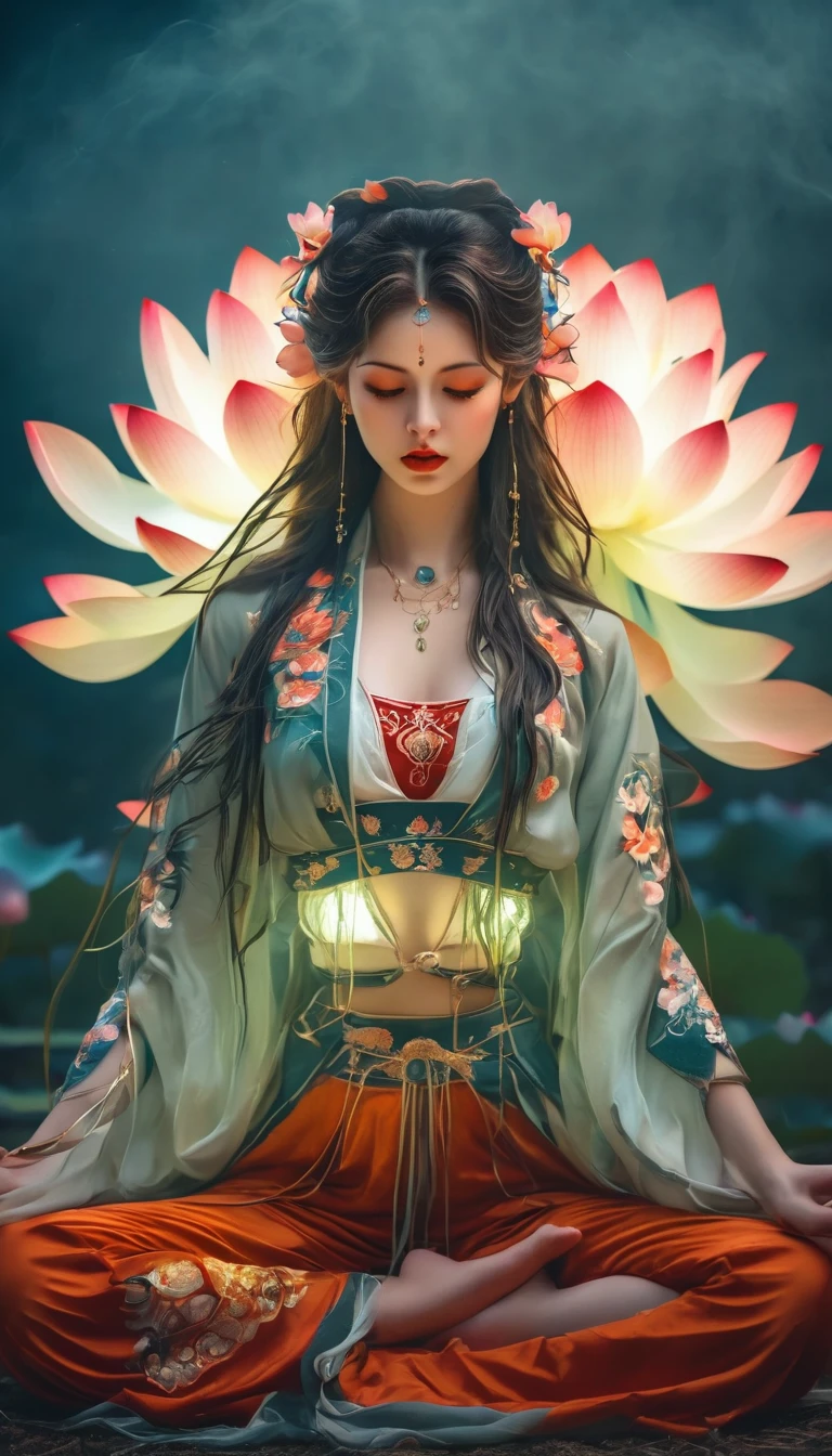 Lotus pose girl full body photography，Raw, Filming, (Clear focus:1.5), (Reality:1.4), Dusk lighting, Volumetric Lighting, Ultra-high resolution,Dramatic Lighting, White background,（tangled，Mandala，dispute，Entanglement), Fox Demon，Fox Mask，short jacket, Foxfire Curse, fox family, Transformation, Depth of Field, Dreamy atmosphere, The most beautiful chaos, grace, Brutalist Design Dark Theme, Flower of Death, Flowers of ecstasy，Glowing Line,Glow Example，Tracking Example，flash， Backlight，translucent，Light Particles