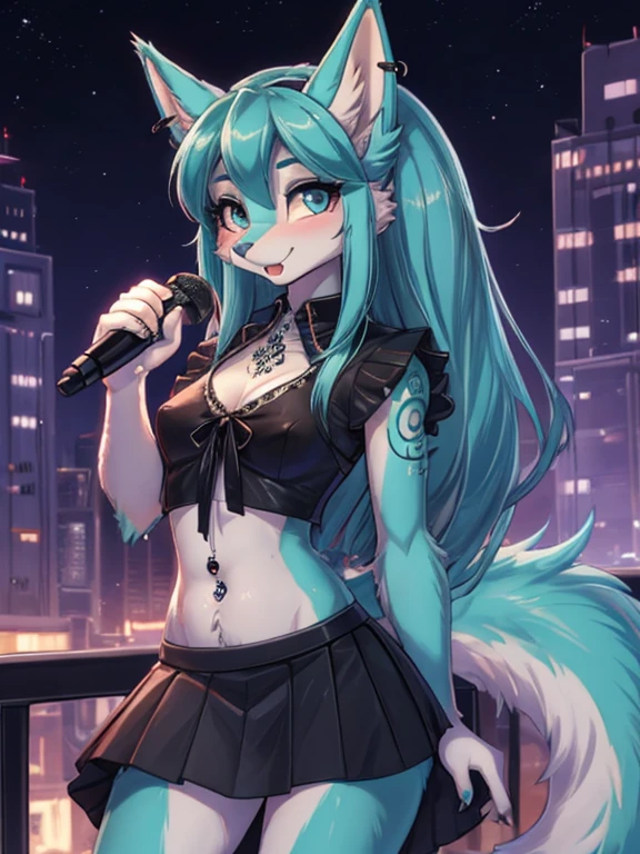 Chica anime,tennage girl 18 years old, anime style, cute hatsune miku x suicune, shy girl , Orejas de Kitsune, arte de dark natasha, city landscape, arte de vixen aztra, cuerpo completo, patas hermosas, cintura delgado, caderas amplias, navel blouse, black skirt, navel piercing, ear piercing, navel tattoo, atrevid pose, back pose, fluffly tail, sensual eyes (la mejor definicion) long hair, black flash, city party, city night life, party girl, idol girl, girl with microphone singing, petit body