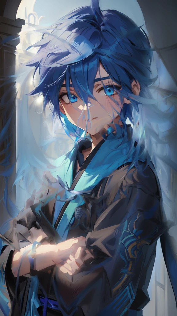 anime character with blue hair and blue eyes standing in front of a building, keqing do impacto genshin, menino anime, cara de anime alto com olhos azuis, jovem anime homem, estilo de arte anime moe, estilo anime 2d, zhongli do impacto genshin, cute japanese demon boy, handsome guy in demon slayer art, estilo de arte de anime de alta qualidade 