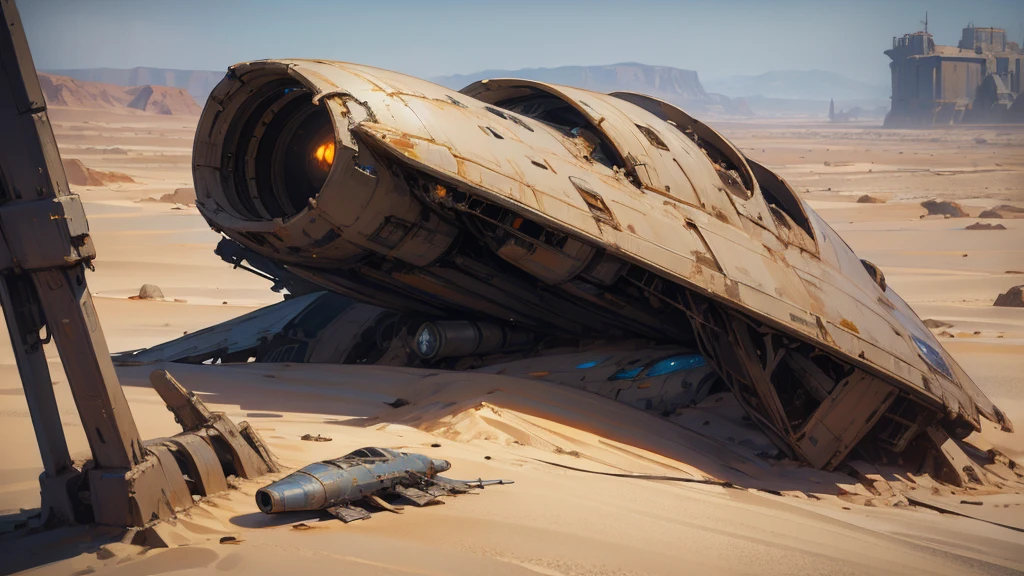 space aircraft, space ship, starship, desert, abadoned ship, disaster ship, abadoned structure, oval aircraft, covered by sand, covered by dune