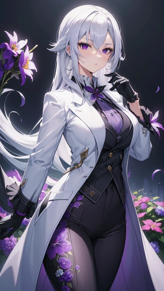 (best quality:1.3), (masterpiece:1.3), (illustration:1.3), (ultra-detailed:1.3), 1girl, solo, ((long hair, white hair, purple eye, purple flower pattern)), (((large breasts))), black pants, white suit, tailcoat, serious expression, tall, mature, elegant, black gloves, one hand on hip, purple flowers, looking at viewer, night sky, glowing purple flowers, nice hands, perfect hands, serious expression, tsurime,