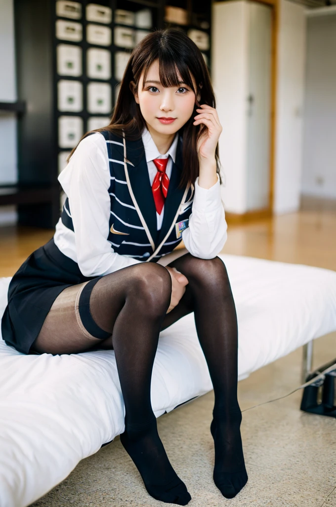 (​masterpiece:1.3), (8K, Photorealsitic, Raw photography, Top image quality: 1.4), Classy elite girl sitting on a park bench, Phenomenally cute face、wearing japanese , Wear ultra-realistic pantyhose、japanese girl , Japan , wearing headmistress uniform, White thigh-high socks with the Nike Young Pretty Gravure Idol, photograph taken in 2 0 24、dressed as , Wearing , White thigh-high socks with the Nike Wearing a strict business suit, Young skinny gravure idol, Seifuku、Full-length and black stockings, pantyhose tights, Complete legs, 19-year-old girl, 1 8 I, Posing in theオルチャン-6500-v1.1, (RAW Photos:1.2), (Photorealistic), (Genuine:1.4), (Pieces fly), A woman with a calm face wearing a checked vest., Large bust body type、(Ultra-realistic black short socks:1.2), Yoshitomo Nara, , Japanese Goddess, Sexy Girl,  Otaku-like appearance, Sexy gaze wearing black socks, ((Full Body Shot:1.16))、Change clothes in the locker room、Ultra-realistic skin texture、Shiny skin、Exposed thighs with beautiful socks!!! 黒White thigh-high socks with the Nike Posing in bed, wearing in White thigh-high socks with the Nike 靴