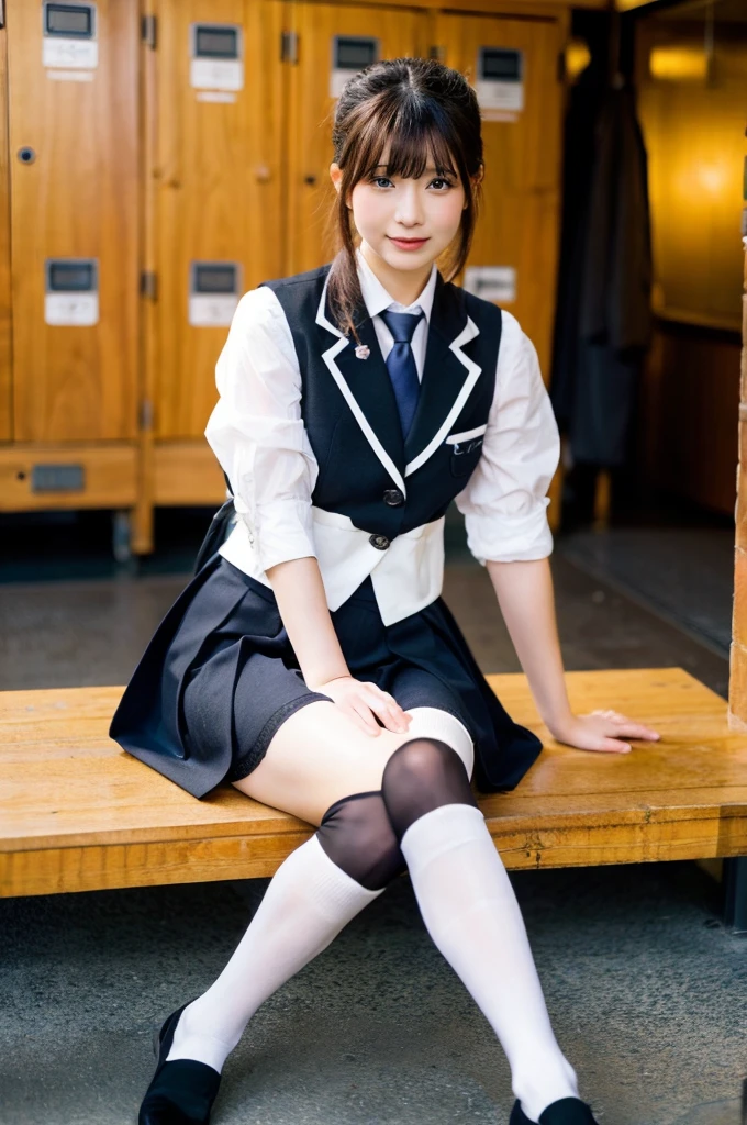 (masterpiece:1.3), (8K, Photorealsitic, Raw photography, Top image quality: 1.4), Classy elite girl sitting on a park bench, Phenomenally cute face、wearing japanese , Wear ultra-realistic pantyhose、japanese girl , Japan , wearing headmistress uniform, White thigh-high socks with the Nike Young Pretty Gravure Idol, photograph taken in 2 0 24、dressed as , Wearing , White thigh-high socks with the Nike Wearing a strict business suit, Young skinny gravure idol, Seifuku、Full-length and black stockings, pantyhose tights, Complete legs, 19-year-old girl, 1 8 I, Posing in theオルチャン-6500-v1.1, (RAW Photos:1.2), (Photorealistic), (Genuine:1.4), (Pieces fly), A woman with a calm face wearing a checked vest., Large bust body type、(Ultra-realistic black short socks:1.2), Thick glasses, Yoshitomo Nara, , Japanese Goddess, Sexy Girl, Otaku-like appearance, Sexy gaze wearing black socks, ((Full Body Shot:1.16))、Change clothes in the locker room、Ultra-realistic skin texture、Shiny skin、Exposed thighs with beautiful socks!!! White thigh-high socks with the Nike Posing in bed, wearing in White thigh-high socks with the Nike