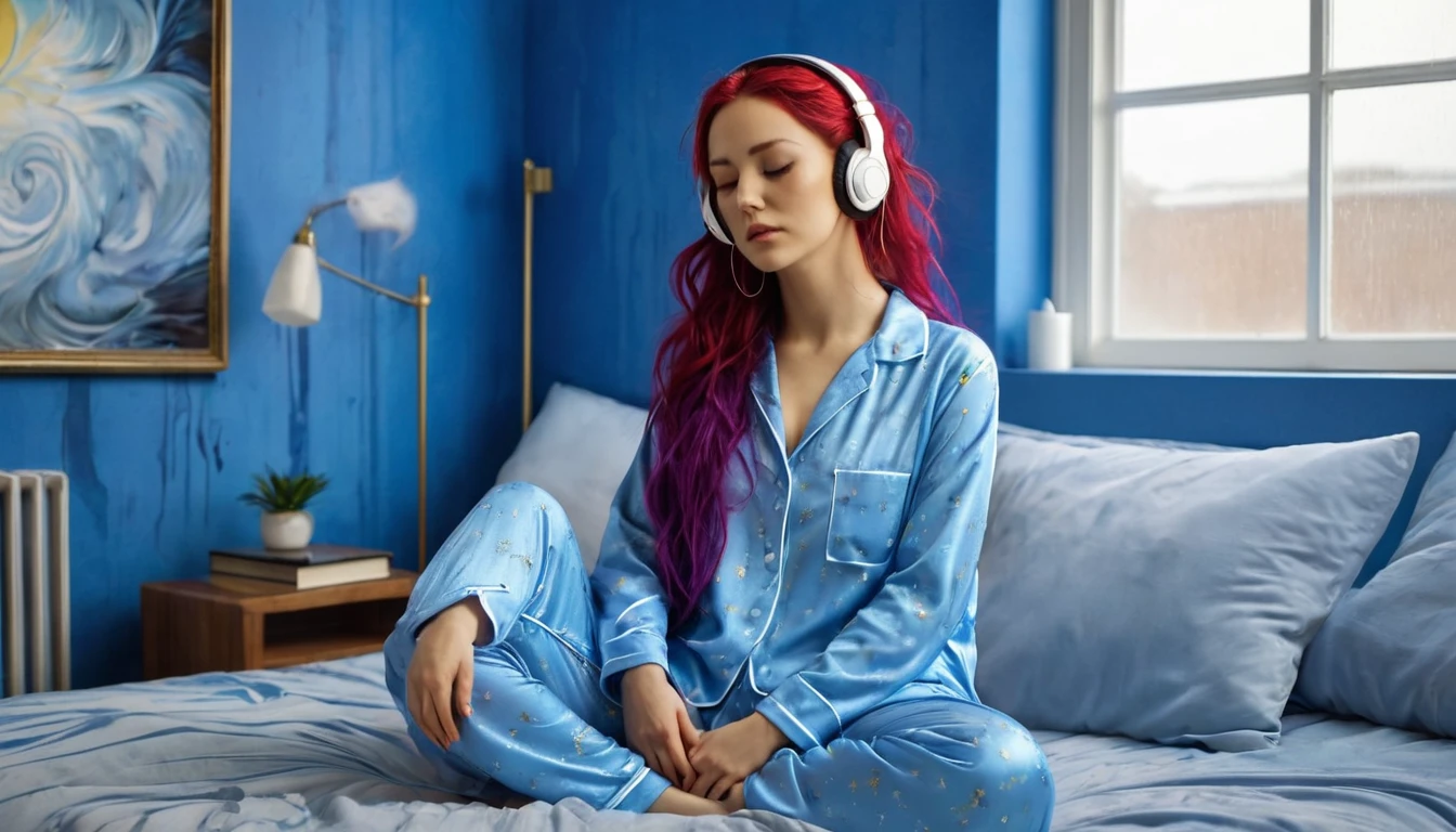 hdr digital image, 8k, a room blue walls, sitting on the bed, red bedspread, in pajamas, white ivory columns with gold, a beautiful woman, 24 years old, long purple hair, headphones, eyes closed near a large window big open, with rain outside. neon blue room