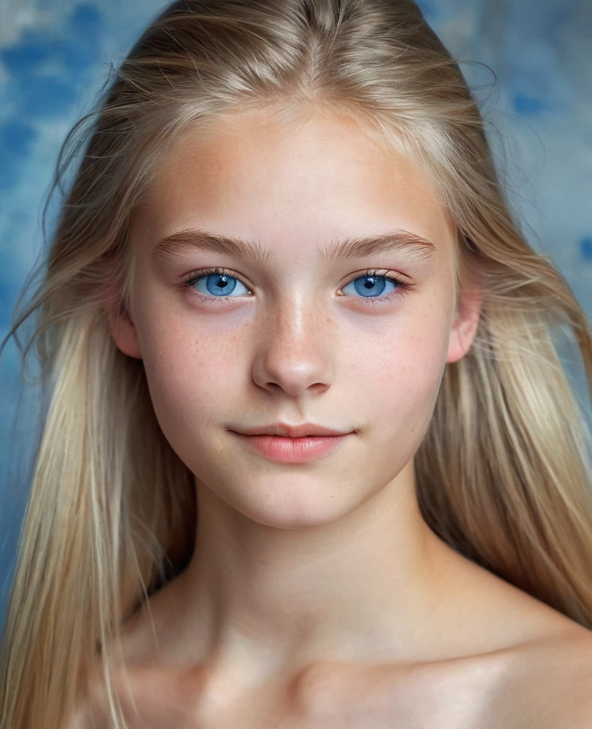 Portrait of a Norwegian beautiful teenager, ************, small breasts, soft smile, natural lips, long blonde hair with shaved sides , blue-grey eyes, realism, digital painting, concept art, smooth, sharp focus, rule of thirds, 35 mm, naked full body