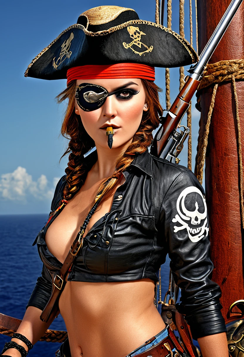 Mulher pirata em seu navio,sexy corpo inteiro,braided hair,leather hat,cigarro na boca,eye patch with skull design,segurando uma pistola flintlock,tatuagem,Navios piratas BREAK,mar,sol,suar,Fruta laranja,corda,Artwork,..3d,4k,circunstanciado,Realistic,Arte digital altamente detalhada em 4k,octan render, bioluminescente, BREAK 8K resolution concept art, realismo,by Mappa Studios,master part,best quality,Arte Oficial,illustration,Linha clara,(Fresco_Cor),perfect composition,absurdos, fantasia,concentrado,rule of thirds
