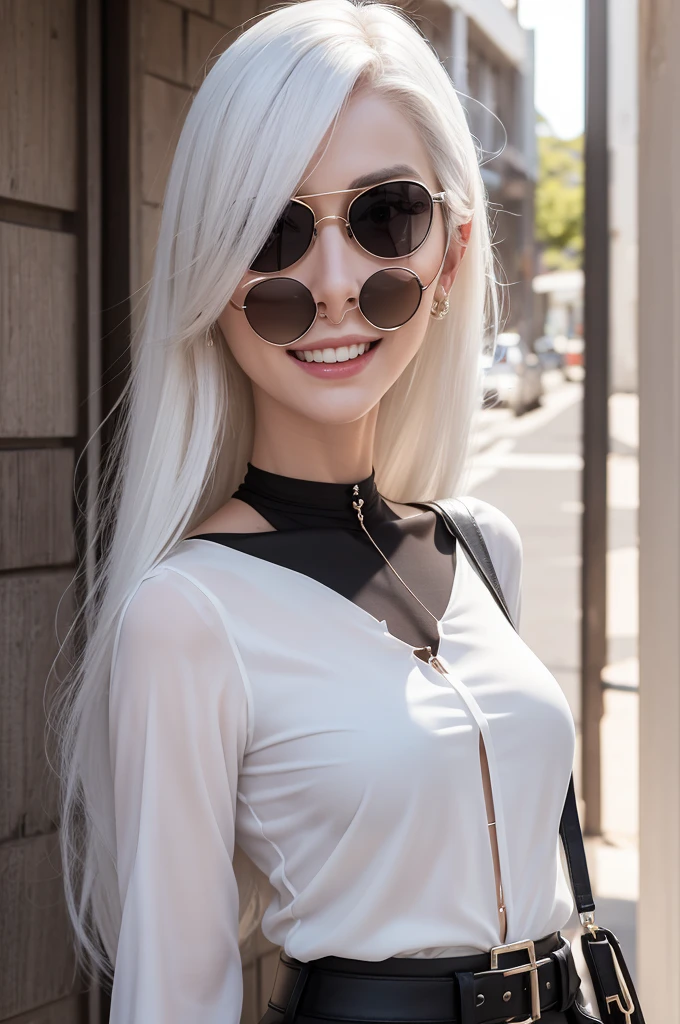 Pale skinned female character, with white hair down to the collarbone, capuz preto com pelinhos brancos nas bordas, in sunglasses, e um sorriso com presas, black high-neck blouse with a steel kanabo on the back 