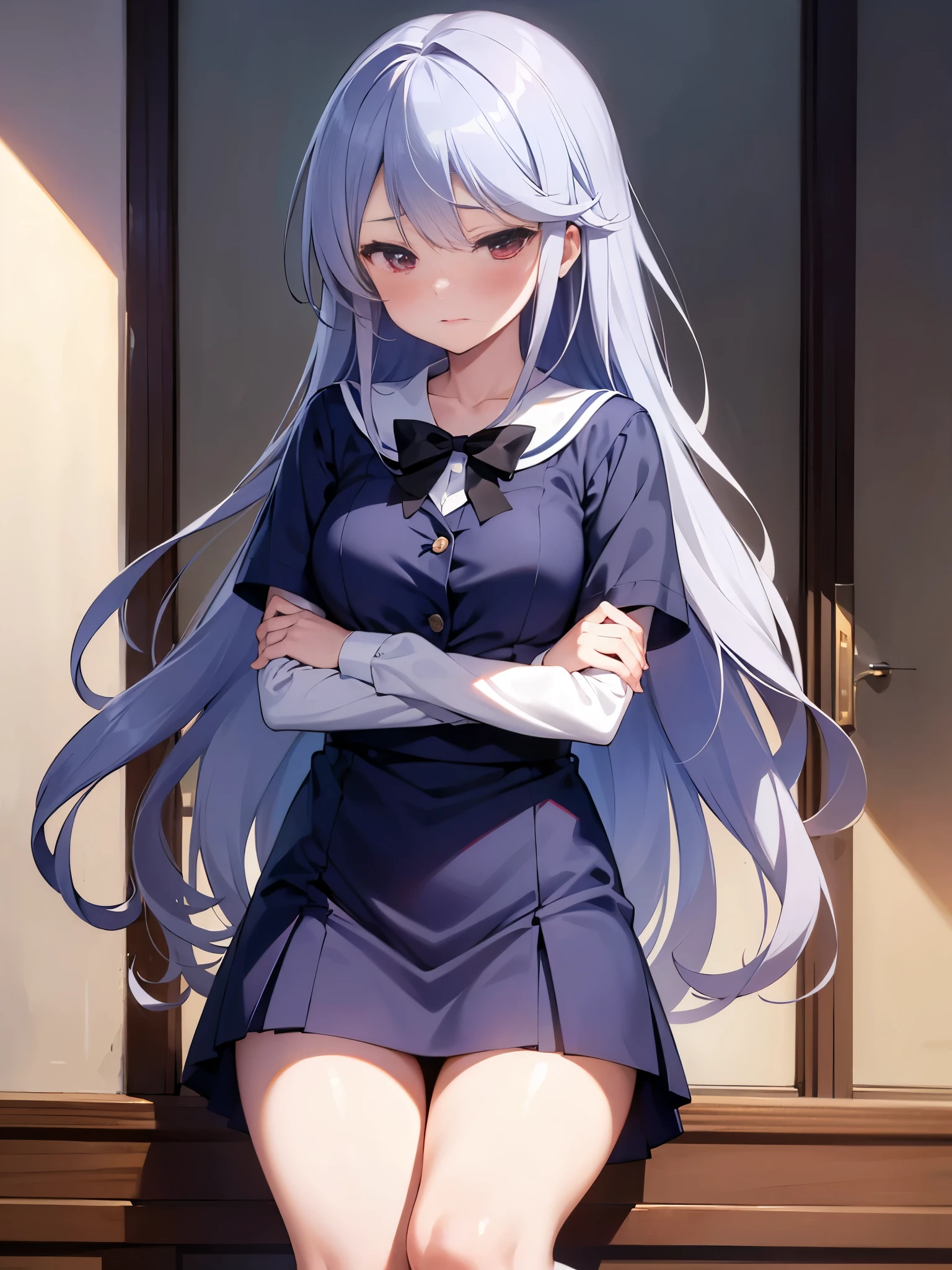 NSFW,Kazuki Kazami、Silver Hair、Long Hair、Red Eye、uniform、Black Ribbon,White knee-high socks,(Perfect hands),(Perfect Anatomy),(masterpiece),(Highest quality),School,Embarrassed,blush