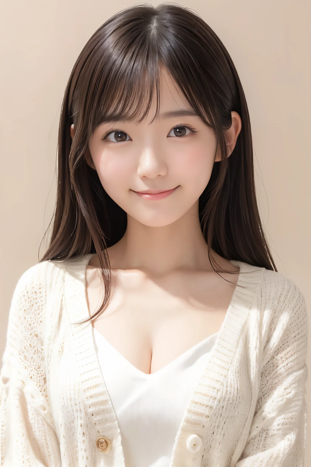 (Highest quality、Tabletop、8k、Best image quality、Award-winning works)、1. Cute girl、(Fluffy and elegant white open cardigan:1.1)、(An elegant open cardigan with a very smooth and fine texture.:1.1)、Perfect girl portrait photo、Glowing Skin、Brown Hair、(Cleavage:1.1)、Standing Elegantly、Small face、(Big beautiful eyes:1.1)、(Face close-up:1.1)、Woman looking up at me、Cute Smile、(The simplest beige background:1.1)