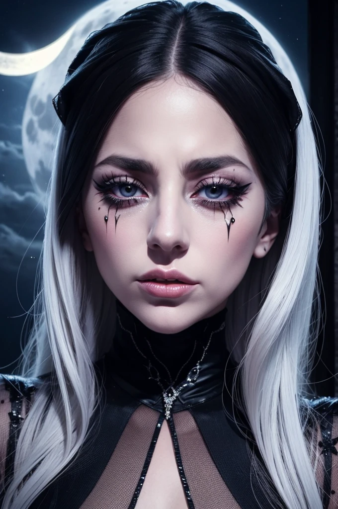 Lady Gaga Gothic with her actual face crying in front of the moon, ultra realistic, perfect