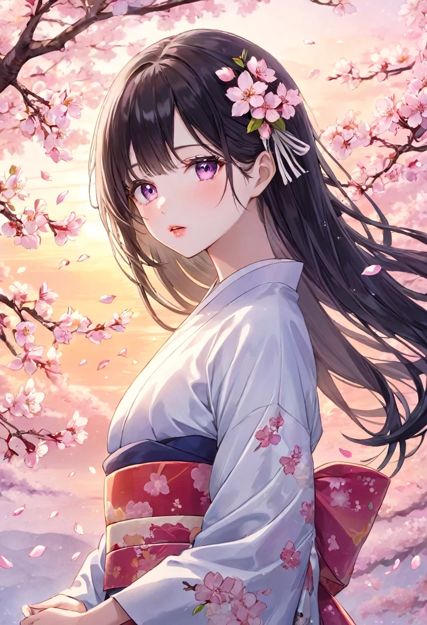 A beautiful anime girl with long, silky raven-black hair that cascades down past her  frame, framing her delicate features. Her large, almond-shaped eyes are a striking shade of emerald green and seem to sparkle with life. Her porcelain-white skin is flawless and glistens in the soft, warm light that bathes her. She wears a traditional Japanese kimono, adorned with intricate floral patterns in shades of pink, purple, and yellow. The kimono's sleeves billow gently behind her as she moves, revealing a hint of her slender, toned arms. Around her neck, she wears an elegant, white obi sash, tied in a perfect bow at her waist. Her lips are painted a soft shade of pink, accentuating her doll-like features. The background of the image is a serene, cloudless sky, with the soft colors of sunset painting the horizon. Cherry blossom petals drift gently down from the branches of a tree in the foreground, adding a touch of ethereal beauty to the scene.