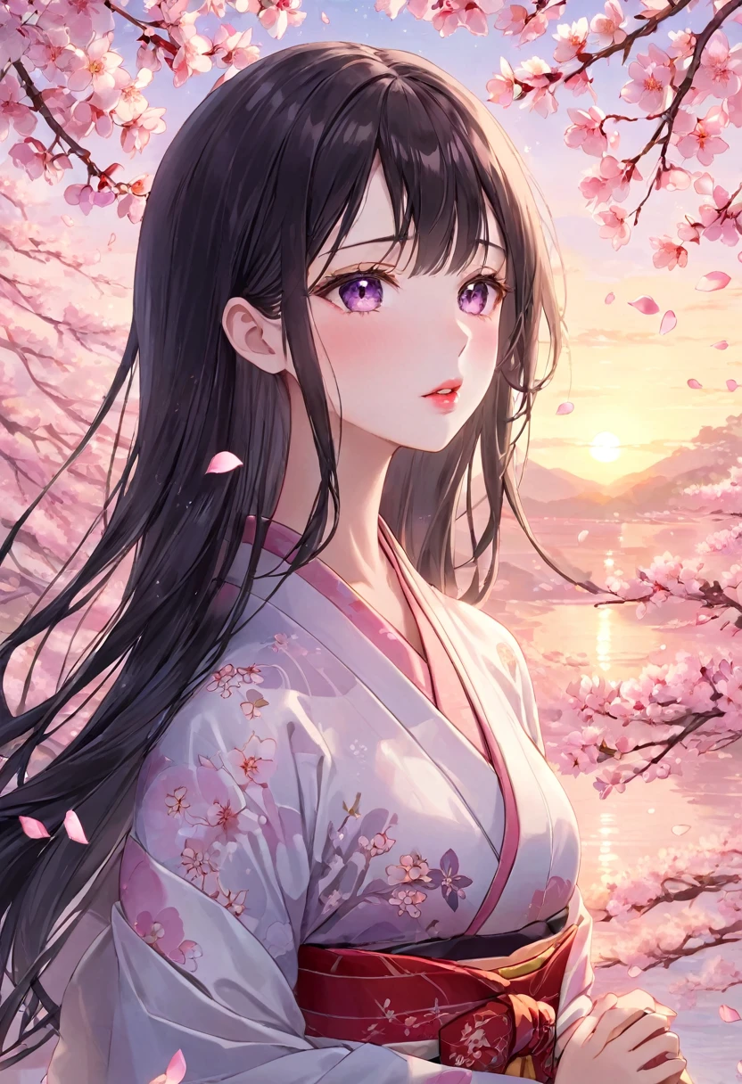 A beautiful anime girl with long, silky raven-black hair that cascades down past her  frame, framing her delicate features. Her large, almond-shaped eyes are a striking shade of emerald green and seem to sparkle with life. Her porcelain-white skin is flawless and glistens in the soft, warm light that bathes her. She wears a traditional Japanese kimono, adorned with intricate floral patterns in shades of pink, purple, and yellow. The kimono's sleeves billow gently behind her as she moves, revealing a hint of her slender, toned arms. Around her neck, she wears an elegant, white obi sash, tied in a perfect bow at her waist. Her lips are painted a soft shade of pink, accentuating her doll-like features. The background of the image is a serene, cloudless sky, with the soft colors of sunset painting the horizon. Cherry blossom petals drift gently down from the branches of a tree in the foreground, adding a touch of ethereal beauty to the scene.