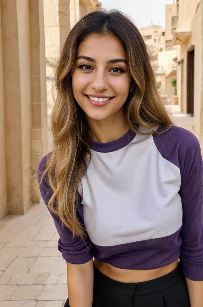 24YO,one attractive Jordanian women, purple shirt, cute smile, cute face, white teethes, skinny face, light brown eyes, small nose, black/blonde long hair