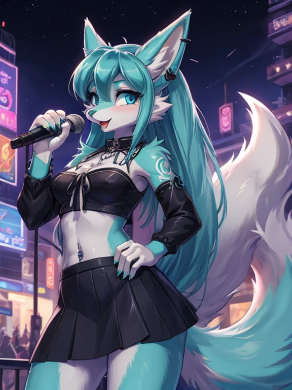 Chica anime,tennage girl 18 years old, anime style, cute hatsune miku x suicune, shy girl , Orejas de Kitsune, arte de dark natasha, city landscape, arte de vixen aztra, cuerpo completo, patas hermosas, cintura delgado, caderas amplias, navel blouse, black skirt, navel piercing, ear piercing, navel tattoo, atrevid pose, back pose, fluffly tail, sensual eyes (la mejor definicion) long hair, black flash, city party, city night life, party girl, idol girl, girl with microphone singing, deep blue eyes (HD)