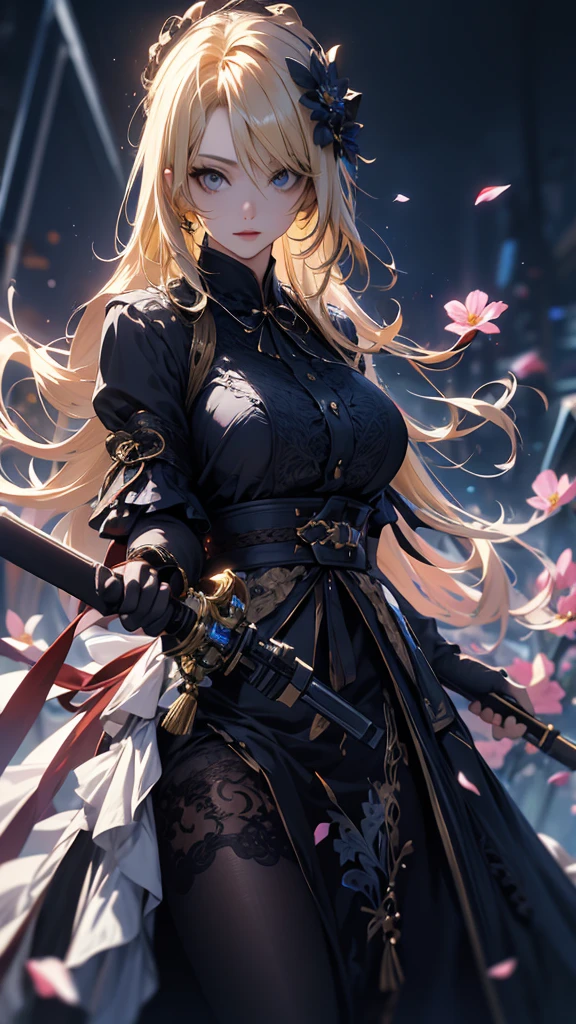 masterpiece, high quality, 4K, Beautiful design, silhouette,blonde, 非常に詳細な夜のStarry Sky,Flower Field, wonderful, Finer details, Very knowledgeable woman, Highly detailed solo, 1 female,Big Breasts,Gothic Lolita Fashion,2Hold the gun in front of your chest.,Night view,Starry Sky,full moon,