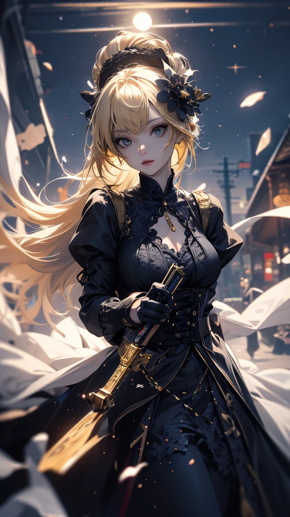 masterpiece, high quality, 4K, Beautiful design, silhouette,blonde, 非常に詳細な夜のStarry Sky,Flower Field, wonderful, Finer details, Very knowledgeable woman, Highly detailed solo, 1 female,Big Breasts,Gothic Lolita Fashion,2Hold the gun in front of your chest.,Night view,Starry Sky,full moon,