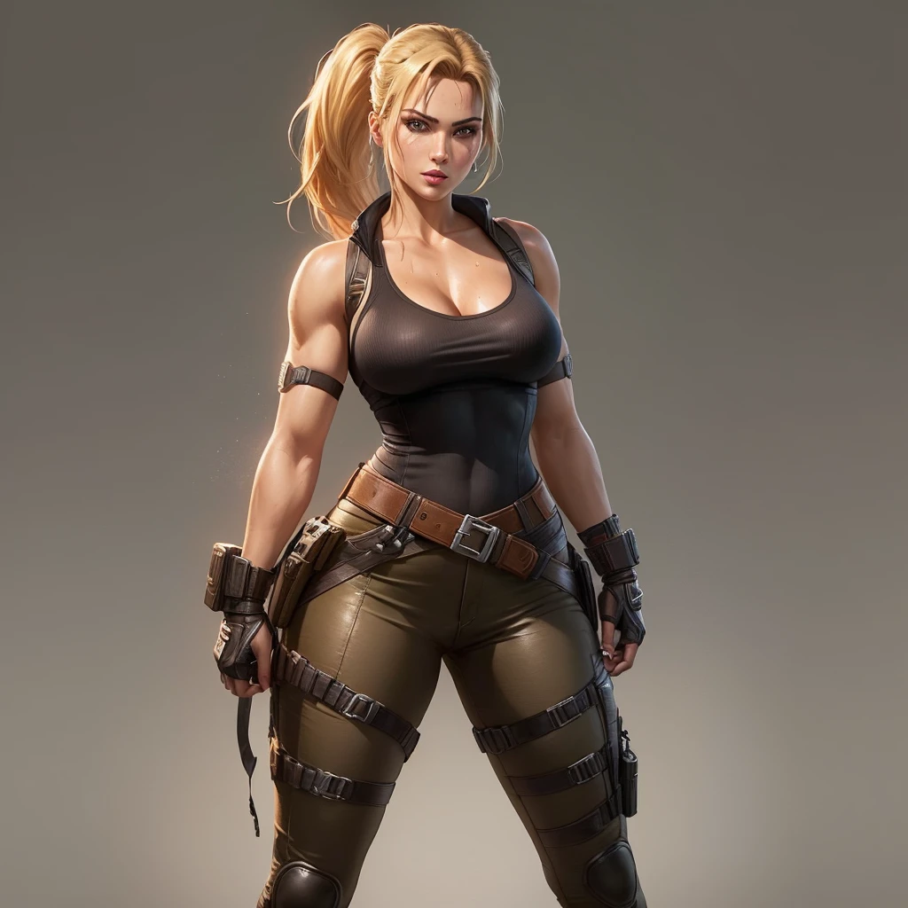 a close up of a woman in a leather outfit posing for a picture, muscular sweat lara croft, female lead character, video game character art, video game character, muscular warrior women, portrait of lara croft, female doc savage, female character, shadowrun character art, as a character in tekken, fighting game character, video game characters designs, a sexy blonde warrior