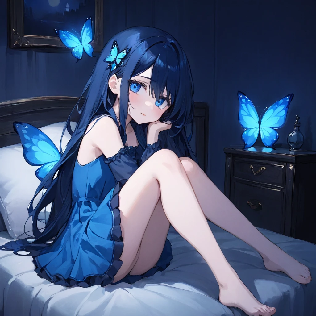 A beautiful with white skin, dark blue eyes, long dark blue hair, wearing a blue dress,Wearing a short blue skirt, wearing a blue butterfly-shaped hair clip.At night sitting in the room hugging his legs, staring blankly without the slightest smile, almost crying, stressed