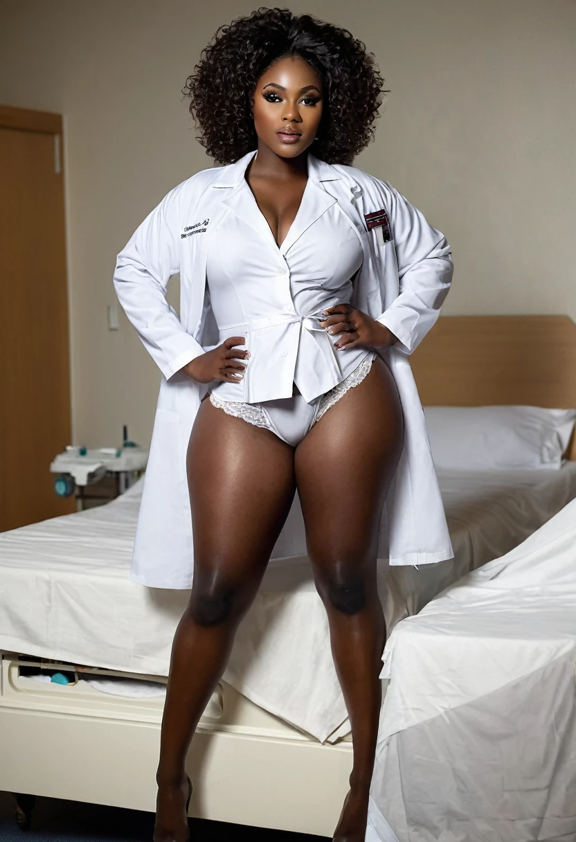 Ebony Woman , voloptuous body, Black skin, african face, wearing a nurse coat open front showing niplles an her panties, wearing a higheels , ( Full body view),standing near a bed at the hospital room