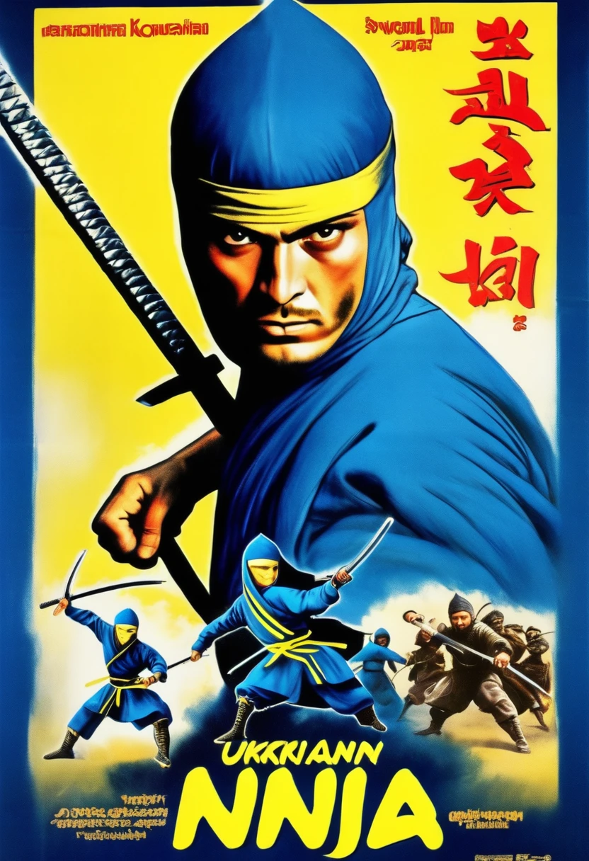 The vintage poster of the film with the image of the Ukrainian Kozak Ninja, in a ninja costume, with swords, with a blue yellow bandage on the head, legs and arms. The word "Ukrainian ninja" is written in the lower part of the poster, in the style of films of the 1980s, dynamics, speed of movement.