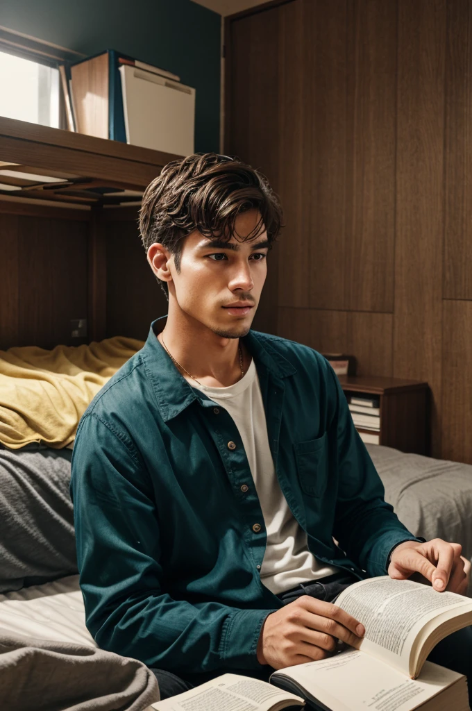 A man who looks like book reading book and listening to music in his dorm amidst of the forest where it is raining 