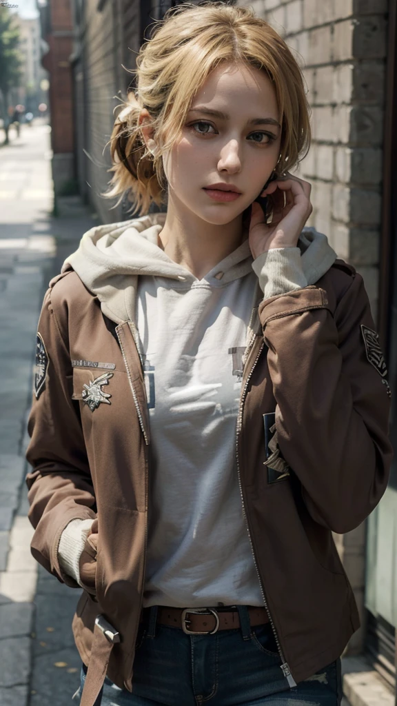 (bestquality,masterpiece), AnnieAOT, solo, hood, hoodie, paradis_military_uniform, jacket, uniform, emblem, feathers, upper body, thigh, hands down