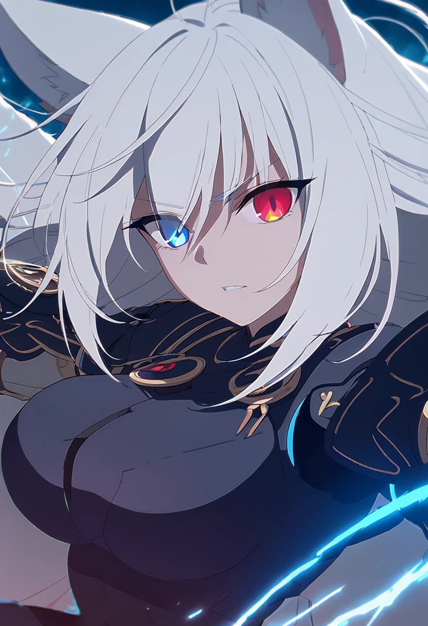 a beautiful blue and black kitsune, big breasts, long white hair, slim waist, detailed portrait, intricate details, dramatic lighting, mystical, elegant, sensual, long white tail, heterochromia(one blue eye,one red eye),wearing armor,attacking pose, eyes,surrounded by blue energy, (one of the eyes shines brightly)