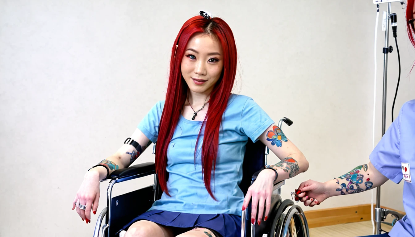 Uhd, photo of Cami, subject: Noriko, 1/2 Japanese 1/2 Hainu skinny girl with long red hair in a 2/00 large wheelchair, blue+++ eyes, oval face, LGBTQIA+, queer, punk style, dressed in colors,t buttefly hairclip, tattooes, during a blood draw, donating her blood, donating blood, in hospital, looking at viewer, happy woman.